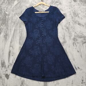 Vintage Maurices Dress Women L Blue Floral Short Sleeve Faux Button Front Skater